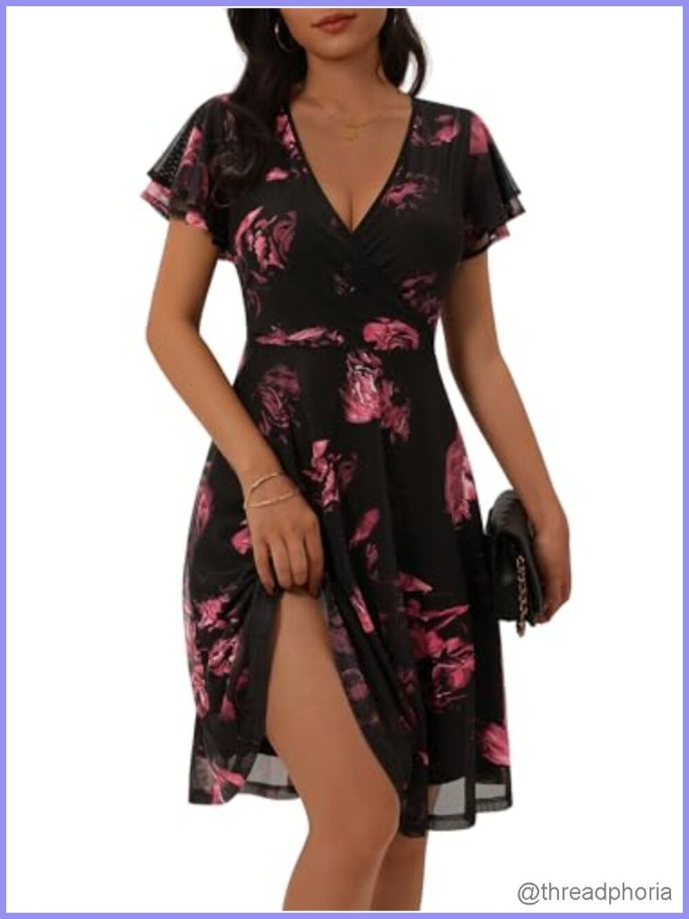 Women's Wrap V-Neck Floral Mesh Dress with Ruffle Sleeves for Weddings